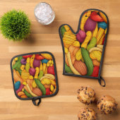 Pasta art achtergrond ovenwant & pannenlap set (Top down)