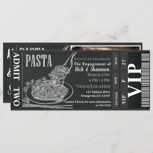 Pasta Dinner Chalk Verloving Diner Foto Ticket Kaart (Voorkant / Achterkant)