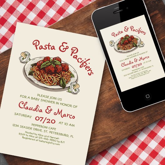 Pasta & Fopspenen Italiaans Baby shower Kaart