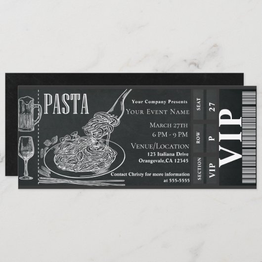 Pasta WIne Dinner Chalk VIP Dinner Party Ticket Kaart (Voorkant / Achterkant)