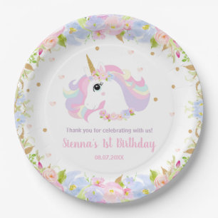 Pasteelregenboog Floral Cute Unicorn Birthday Papieren Bordje
