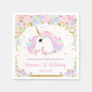 Pasteelregenboog Floral Cute Unicorn Birthday Servet