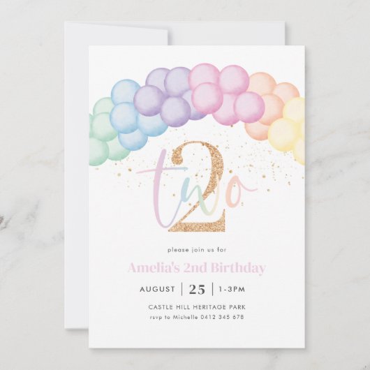 Pasteelregenboogballonplein 2e verjaardag kaart (Voorkant)