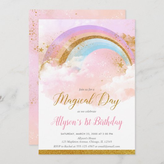 Pasteelregenboogroze en goudverjaardag kaart (Voorkant / Achterkant)