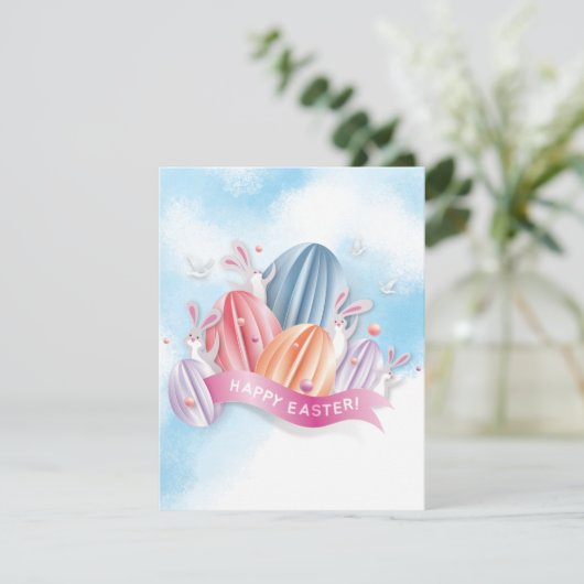 pasteipap 3D-paaseieren met uitnodiging van bunny  (Staand voorkant)