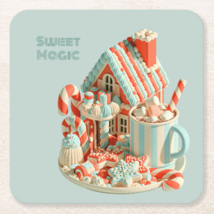 Pastel 3D Snoep Huis Zoete Magie Vierkante Kartonnen Onderzetter