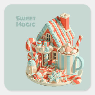 Pastel 3D Snoep Huis Zoete Magie Vierkante Sticker