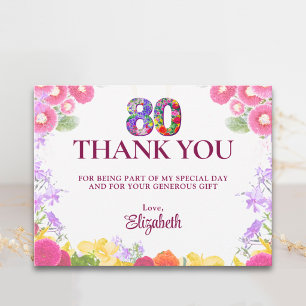 Pastel 80e verjaardag dank waterverf bloemen briefkaart