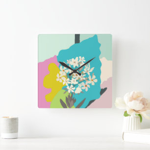 Pastel Abstracte Artistieke Bloemen Kleur Blocks Vierkante Klok