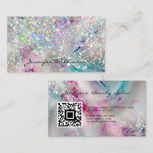 Pastel Alcohol Ink Holographic Glitter QR Code Visitekaartje (Voorkant / Achterkant)
