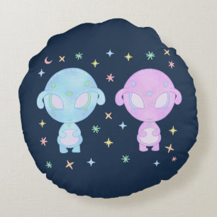 Pastel Alien Tweelingzusters Cute Kosmische Kawa Rond Kussen