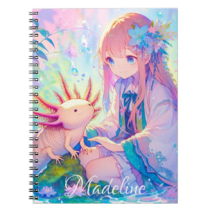 Pastel Anime Meisje en een Axolotl gepersonaliseer Notitieboek