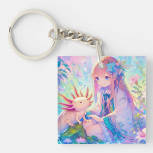 Pastel Anime Meisje en een Axolotl gepersonaliseer Sleutelhanger