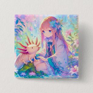 Pastel Anime Meisje en een Axolotl Vierkante Button 5,1 Cm