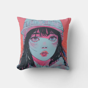 Pastel Anime Meisje in Muts Kunst Kussen