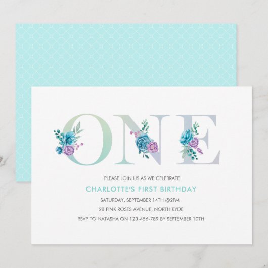 Pastel Aqua bleu premier anniversaire Invitation (Devant / Derrière)