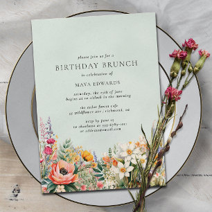 Pastel Aqua Blue Elegante Floral Birthday Brunch Kaart