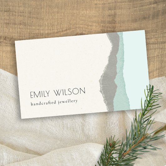 Pastel Aqua Gray Kraft Mountain Wave Torn Edge Visitekaartje