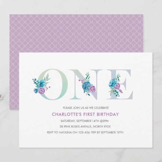 Pastel Aqua Purple premier anniversaire Invitation (Devant / Derrière)