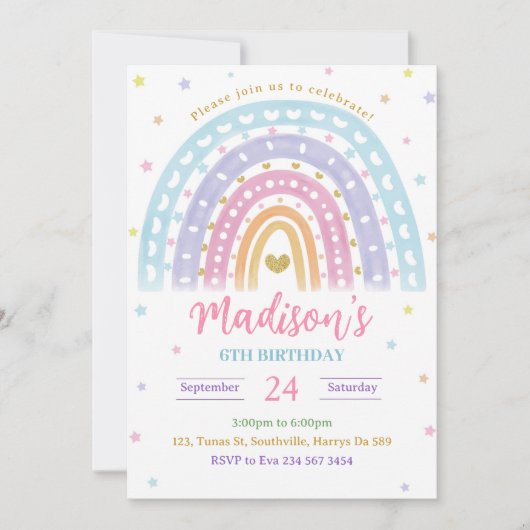 Pastel Aquarelle Arc-en-ciel Invitation d'annivers (Devant)