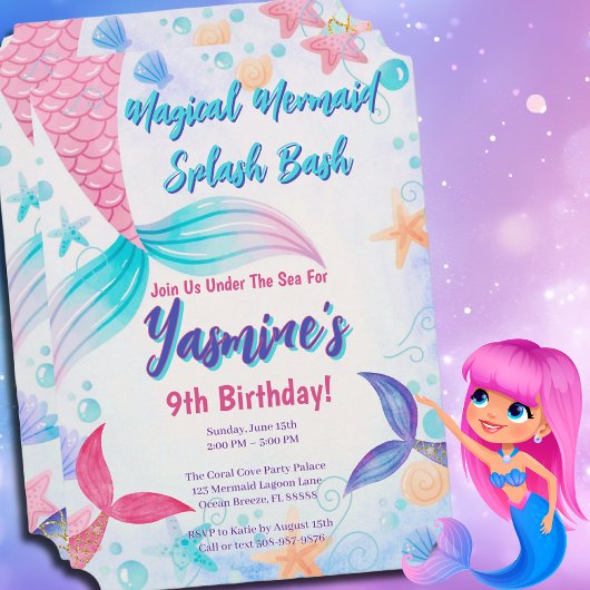 Pastel Aquarelle Sirène Anniversaire Invitation