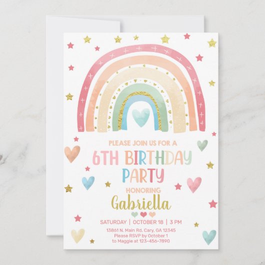 Pastel arc-en-ciel invitation d'anniversaire fille (Devant)