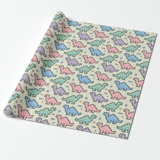 Pastel Arcade Dinosaurus Pixel Silhouetten Patroon Cadeaupapier (Uitgerold)