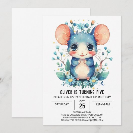 Pastel Avontuur Muis Verjaardag Kaart (Voorkant / Achterkant)