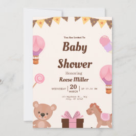 Pastel Baby Shower Invite – Balloons, Bear & Candy Kaart