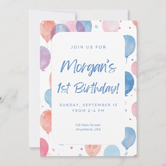 Pastel Balloon First Birthday Invitation (Devant)