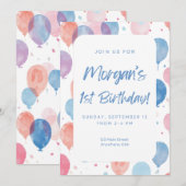 Pastel Balloon First Birthday Invitation (Devant / Derrière)