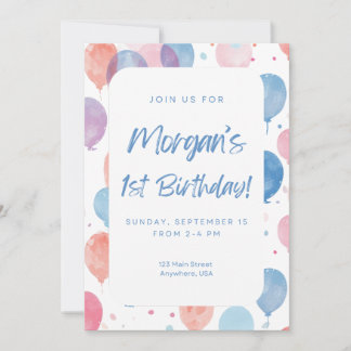 Pastel Balloon First Birthday Invitation Kaart