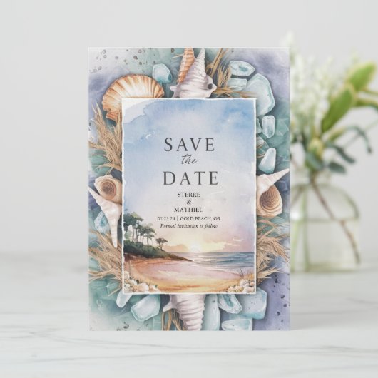 Pastel Beach bruiloft Save The Date (Staand voorkant)