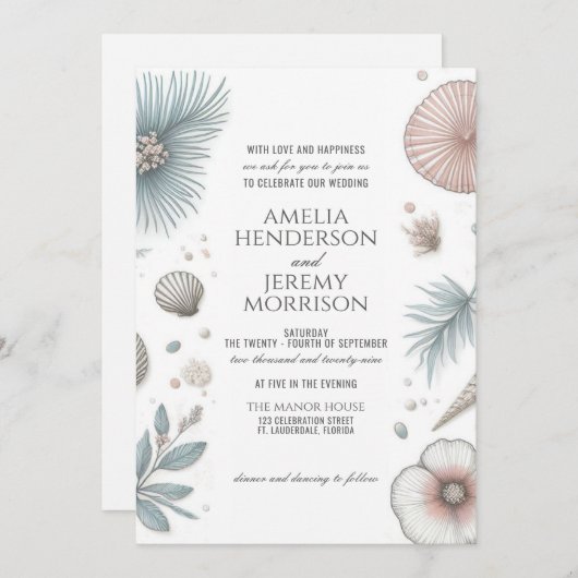 Pastel Beach bruiloft uitnodiging met QR-code (Voorkant / Achterkant)