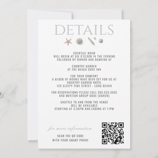 Pastel Beach bruiloft uitnodiging met QR & Details (Achterkant)
