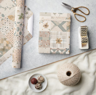 Pastel Beige Dekbed Aards Gingham Cottagecore Cadeaupapier