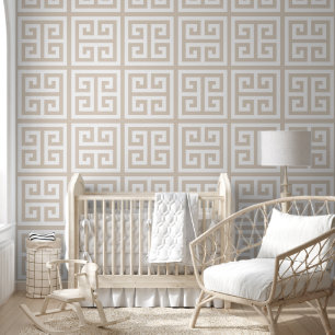 Pastel Beige en Witte Grote Griekse Sleutel Behang