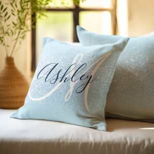 Pastel Blau Rand Ombre Glitter Monogram Kussen