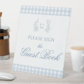 Pastel blauw baby boy douche gastenboek teken reclamebord met voetstuk (Insitu)