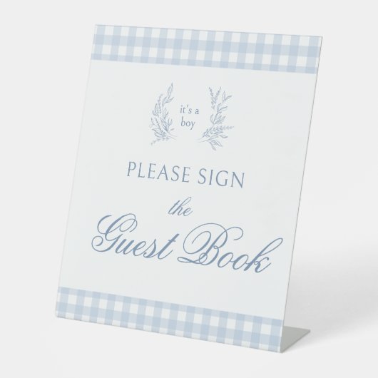 Pastel blauw baby boy douche gastenboek teken reclamebord met voetstuk (Voorkant)