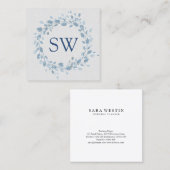 Pastel Blauw Bladeren Bloemen Monogram Bruiloft Pl Vierkante Visitekaartje (Voorkant / Achterkant)