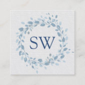 Pastel Blauw Bladeren Bloemen Monogram Bruiloft Pl Vierkante Visitekaartje (Voorkant)