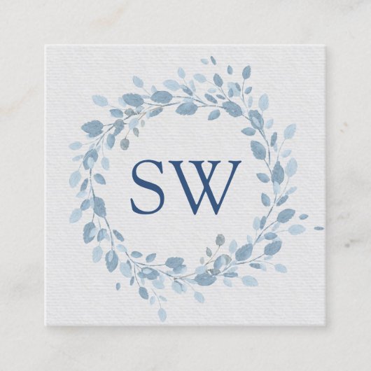 Pastel Blauw Bladeren Bloemen Monogram Bruiloft Pl Vierkante Visitekaartje (Voorkant)