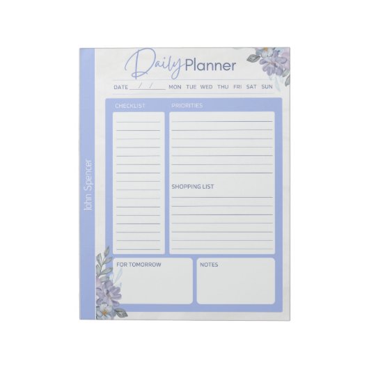 Pastel Blauw Bloemen Dagelijkse Planner Notitieblok (Gedraaid)