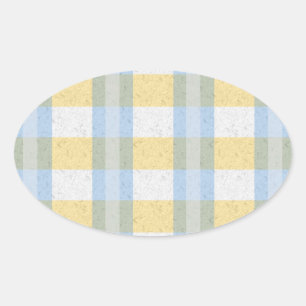 Pastel blauw en geel ruitpatroon ovale sticker