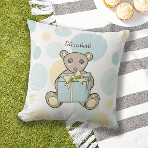 Pastel Blauw en Geel Teddybeer Kinder Outdoor Buitenkussen