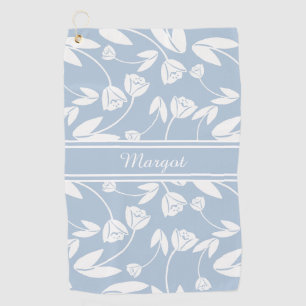 Pastel Blauw en Wit Bloem Silhouet Golfhanddoek