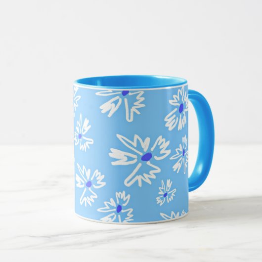 Pastel  Blauw en Wit Bloemen Mok (Voorkant rechts)