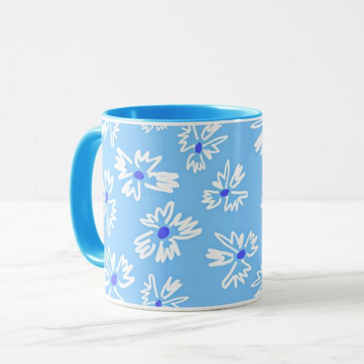 Pastel  Blauw en Wit Bloemen Mok (Voorkant links)