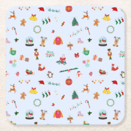 Pastel blauw kersthuis decoratie vierkante kartonnen onderzetter